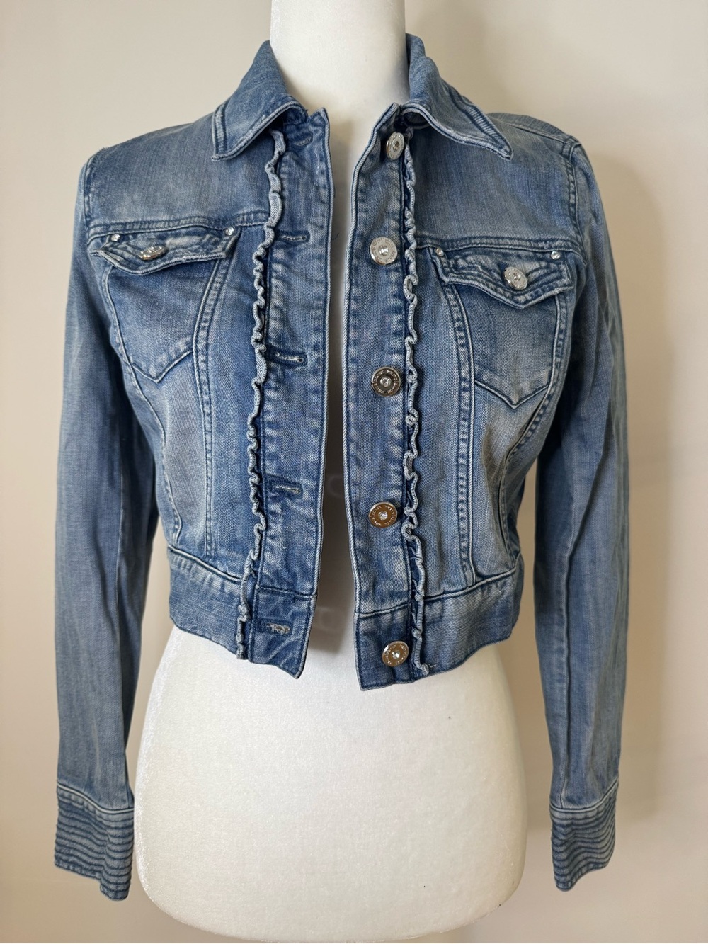 White House Black Market Light Blue Denim Jacket with Ruffle Trim